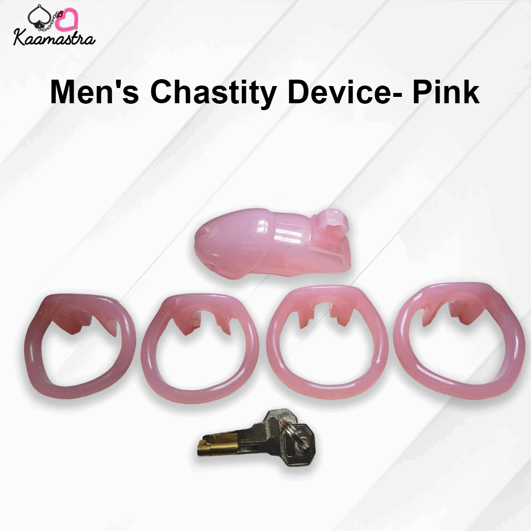Pink men's chastity device set with key on a white background