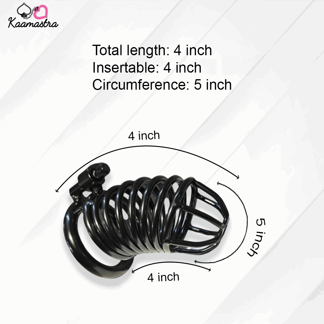 Black metal cage with measurements on a white background, branded 'Kaamastra'.