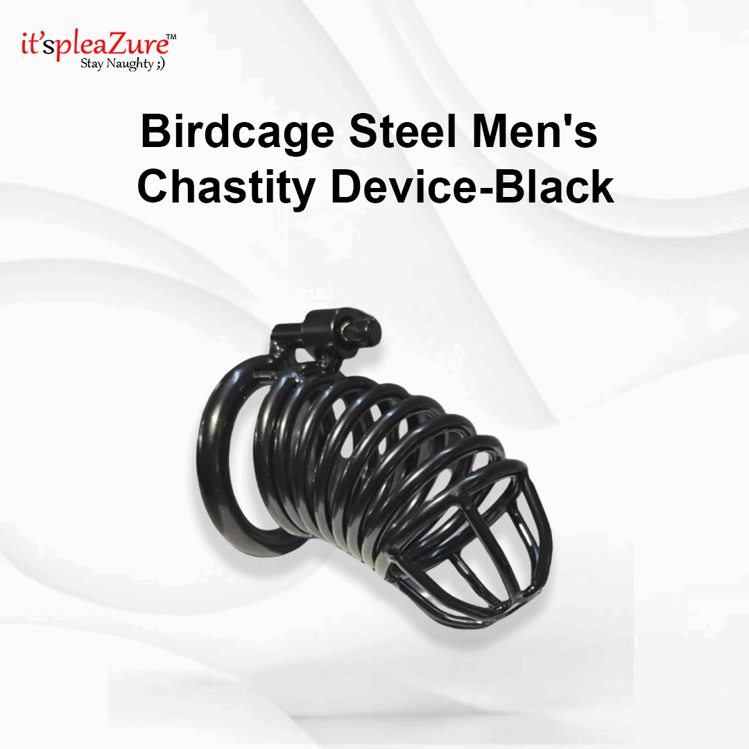 Black chastity device on a white background with 'it's pleazure' branding.