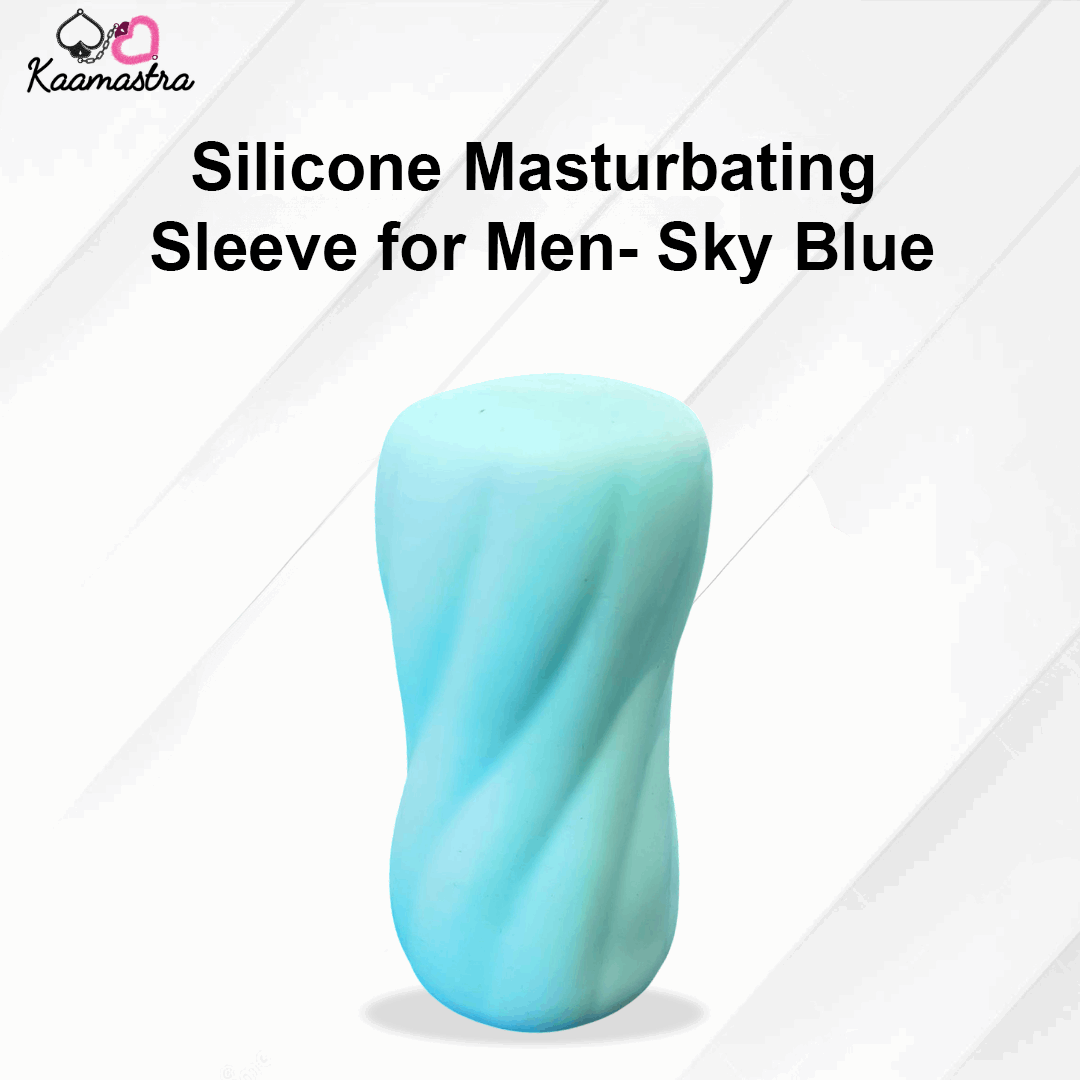 Silicone masturbating sleeve in sky blue color on a white background with 'Kaamastra' branding.