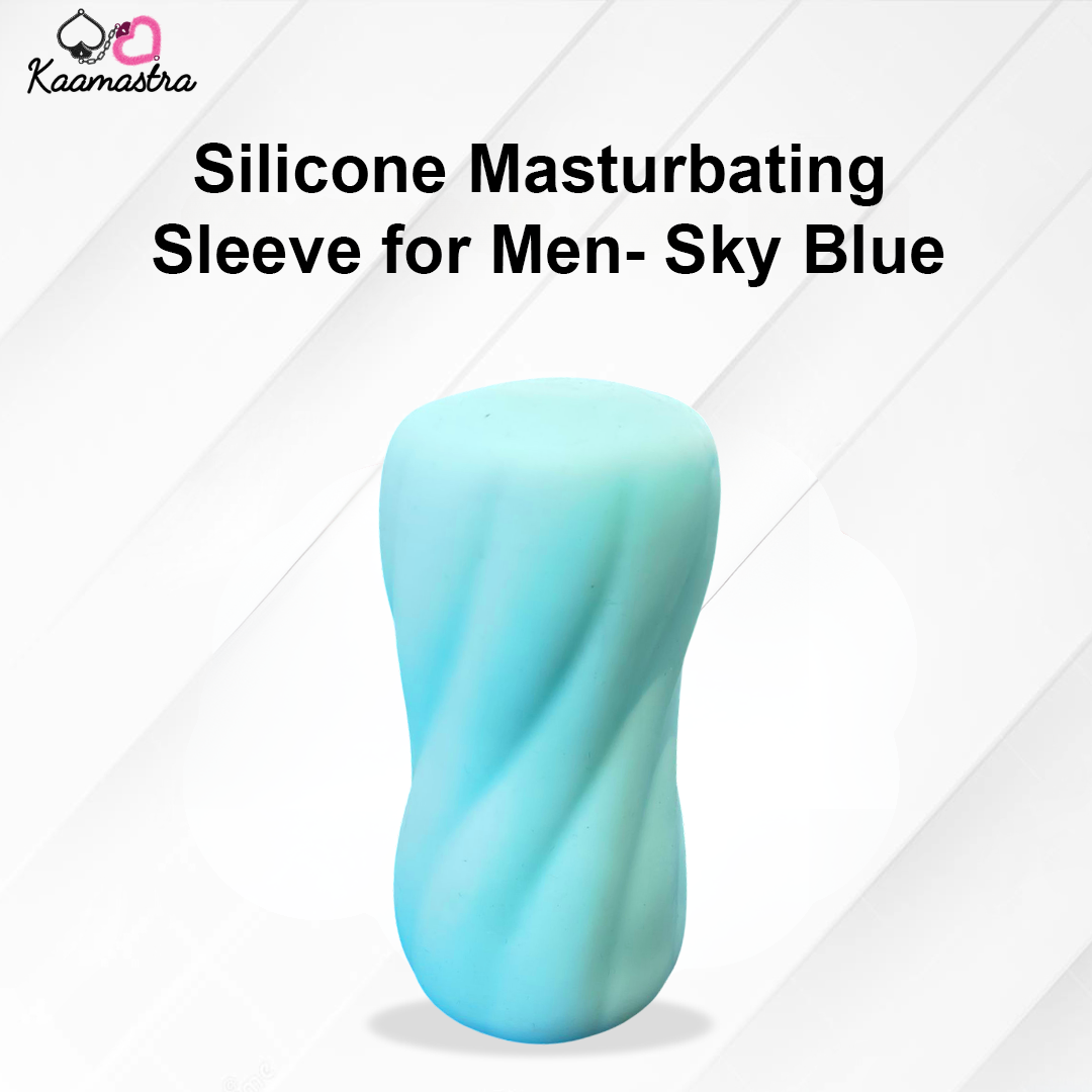 Silicone masturbating sleeve in sky blue color on a white background with 'Kaamastra' branding.