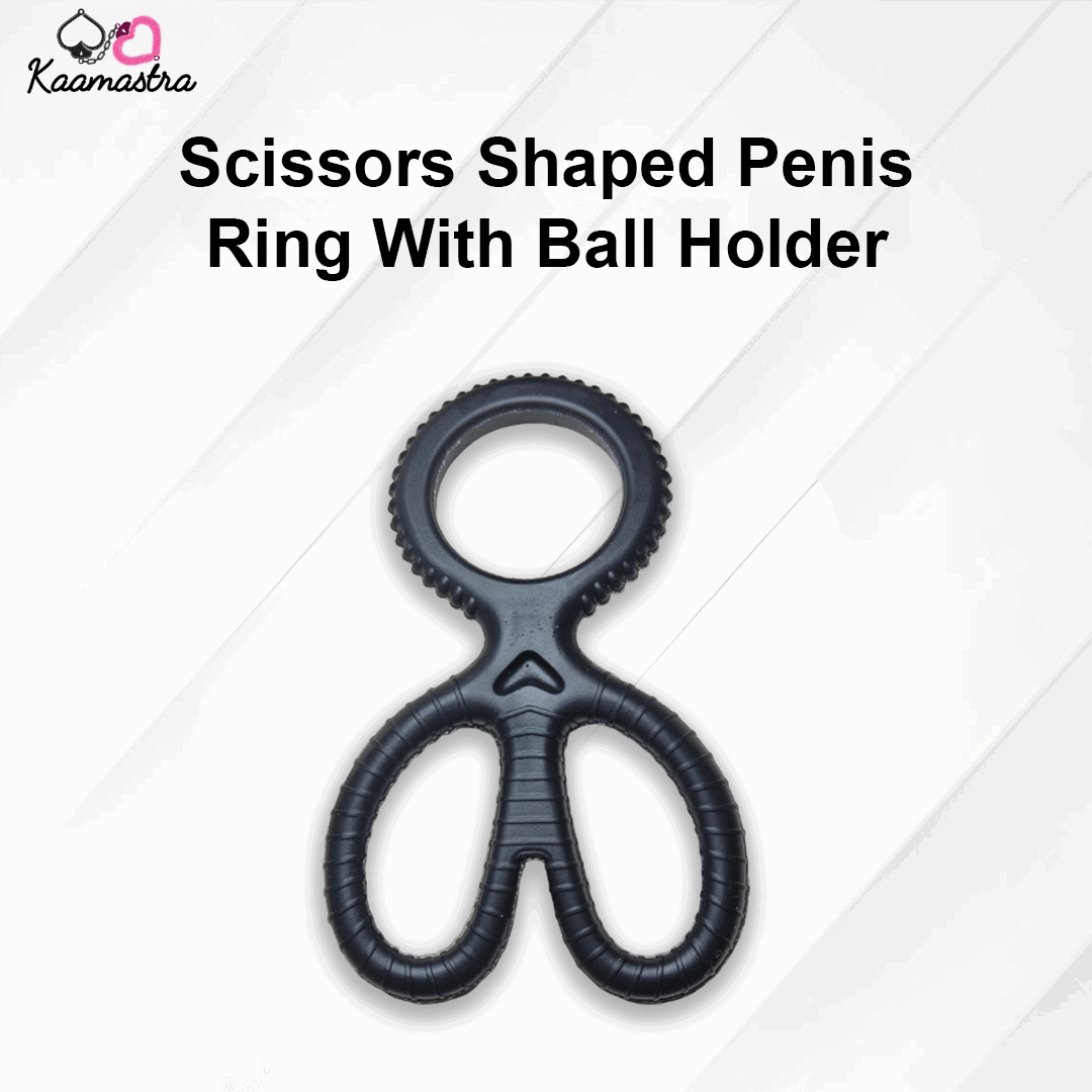 Scissors-shaped penis ring with ball holder on a white background