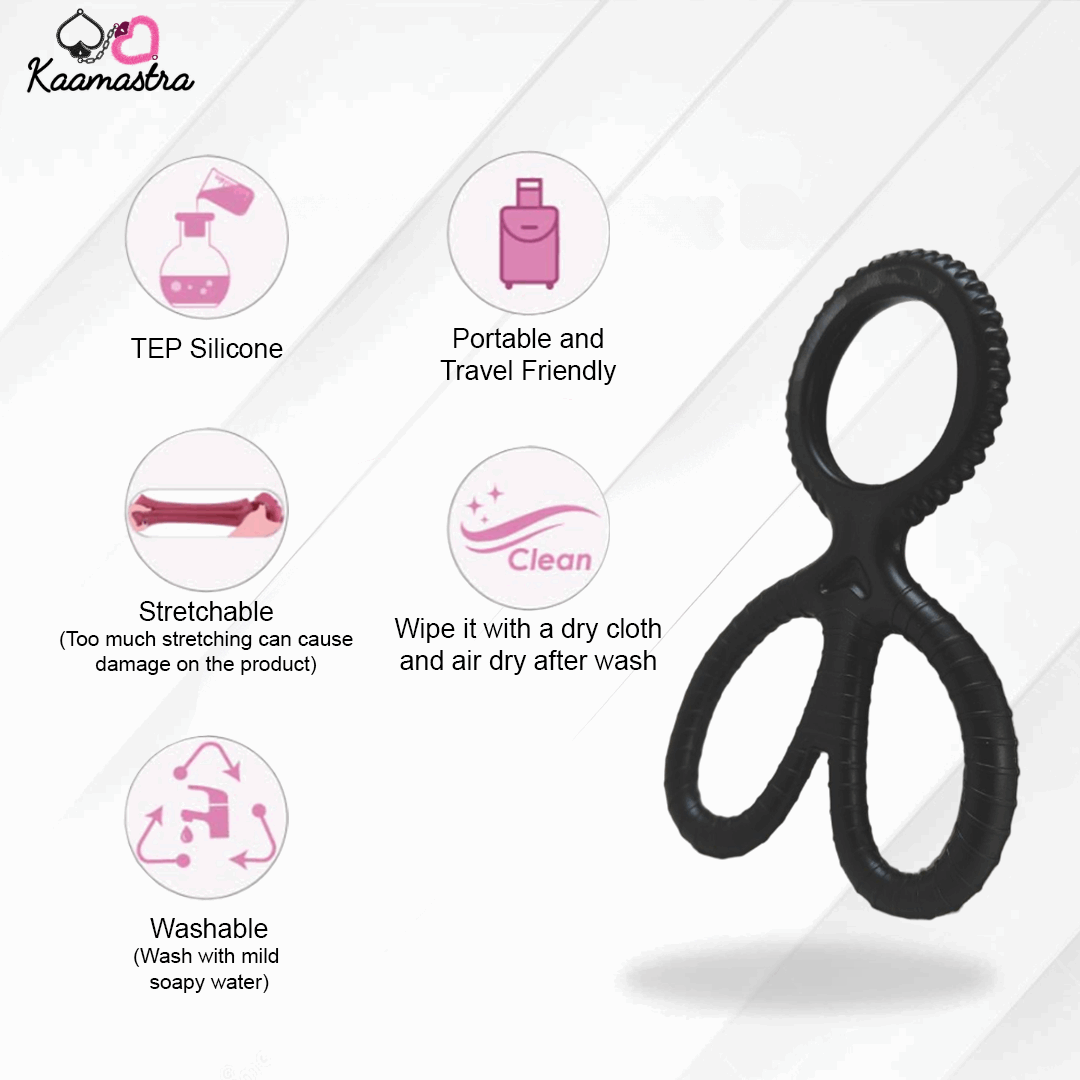 Black rubber band with features listed on a white background