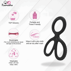 Black rubber band with features listed on a white background