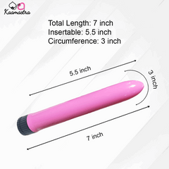 Pink cylindrical object with measurements on a white background, branded 'Kaamastra'.