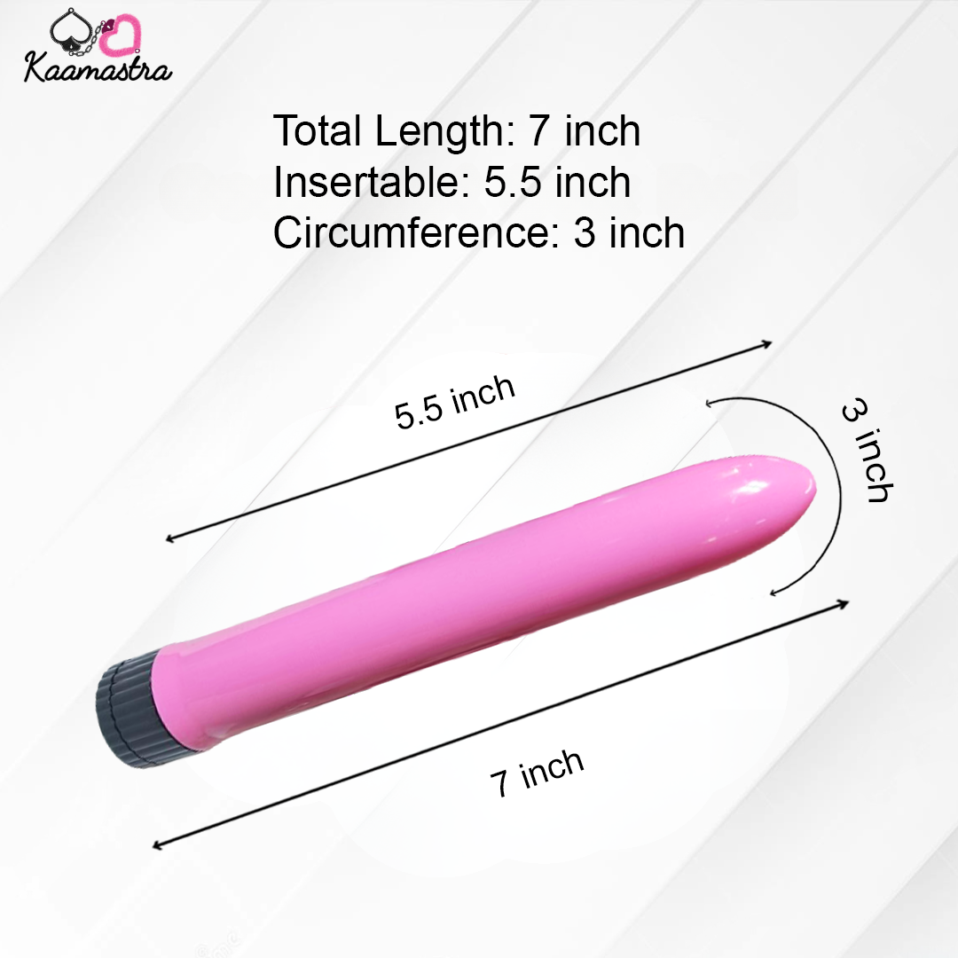Pink cylindrical object with measurements on a white background, branded 'Kaamastra'.
