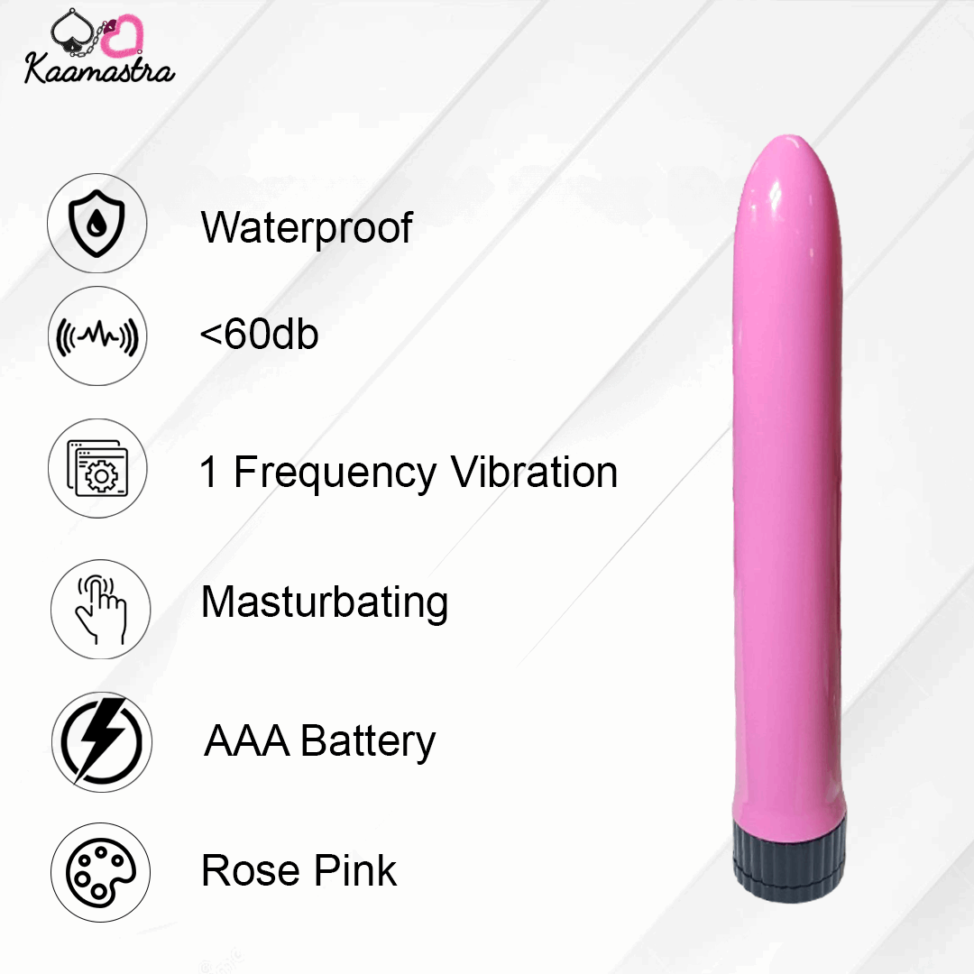 Pink cylindrical product with features listed on a white background