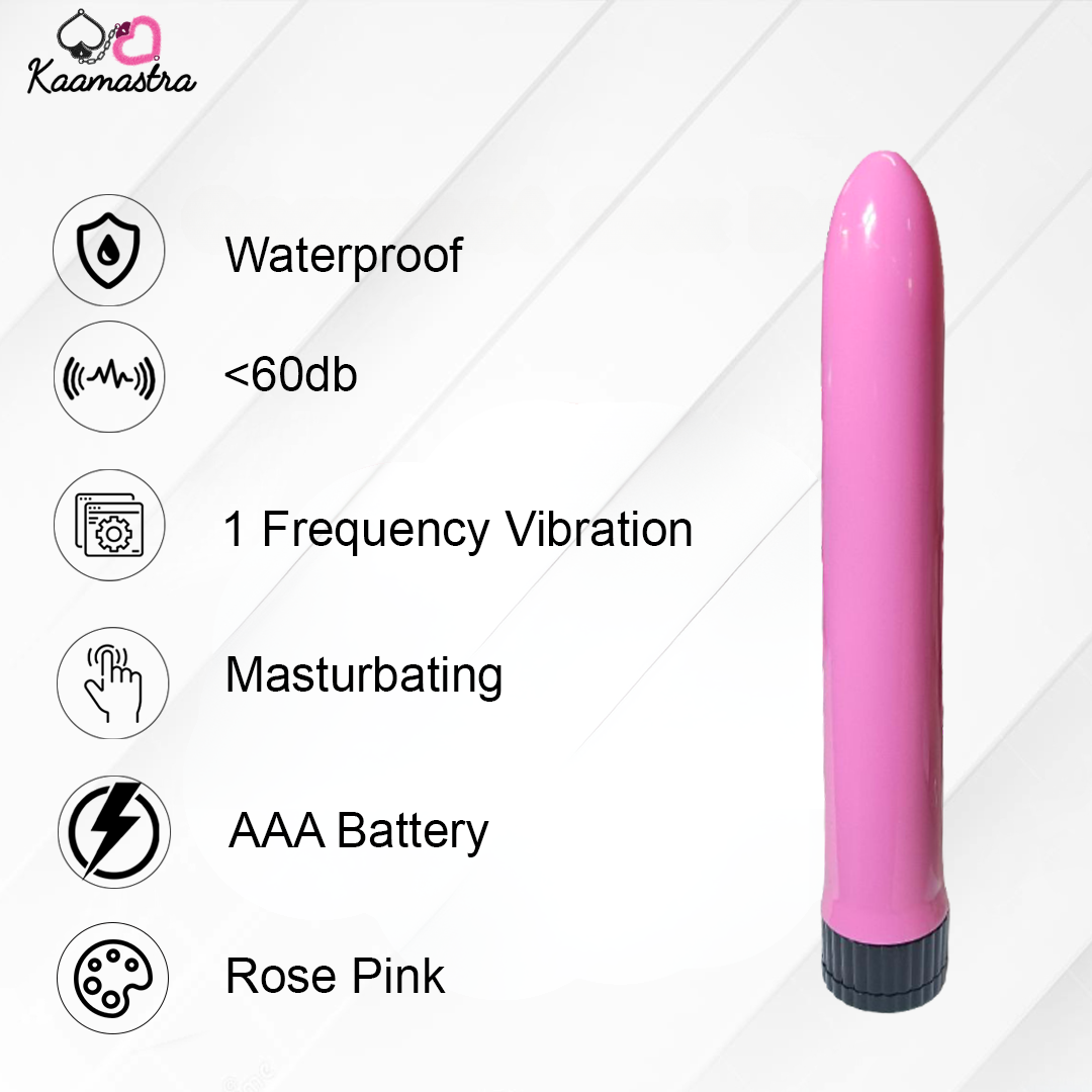 Pink cylindrical product with features listed on a white background