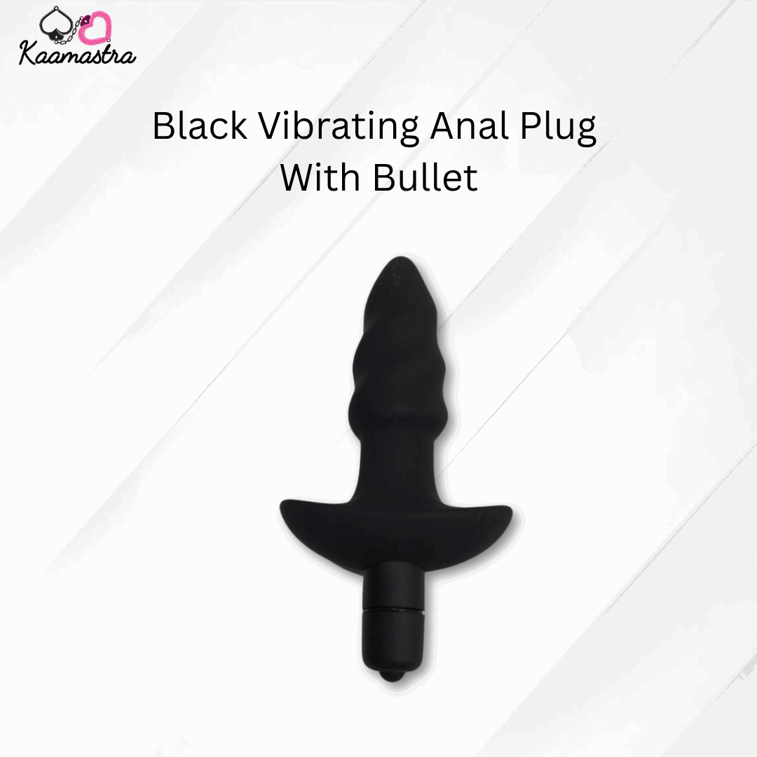 Black vibrating anal plug with bullet on a white background, branded 'Kaamastra'.
