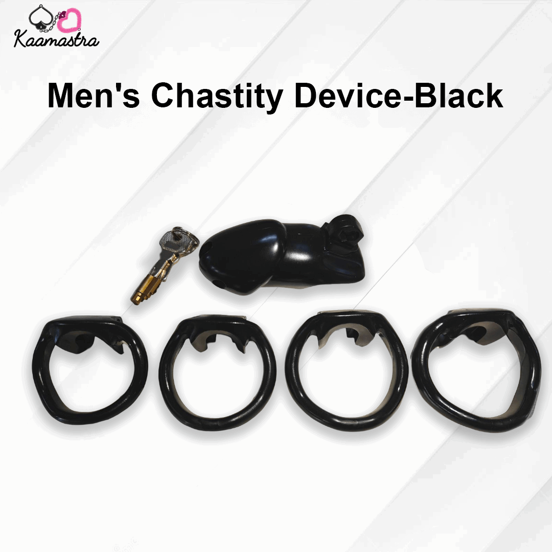 Men's chastity device with key on a white background, branded 'Kaamastra'.
