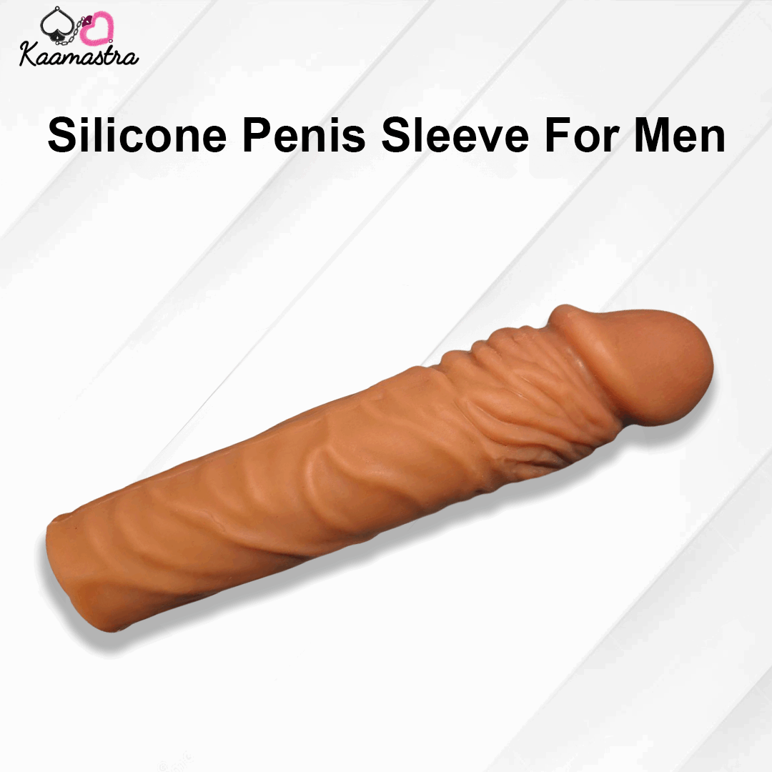 Silicone penis sleeve for men on a white background with 'Kaamastra' branding.