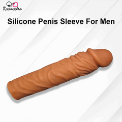 Silicone penis sleeve for men on a white background with 'Kaamastra' branding.