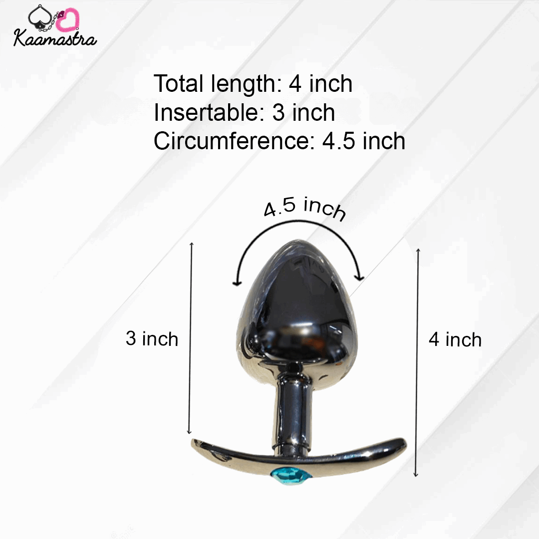 Measurement chart for a metallic object with dimensions labeled, featuring the brand 'Kaamastra'.