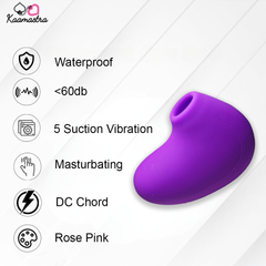 Purple silicone product with features listed on a white background
