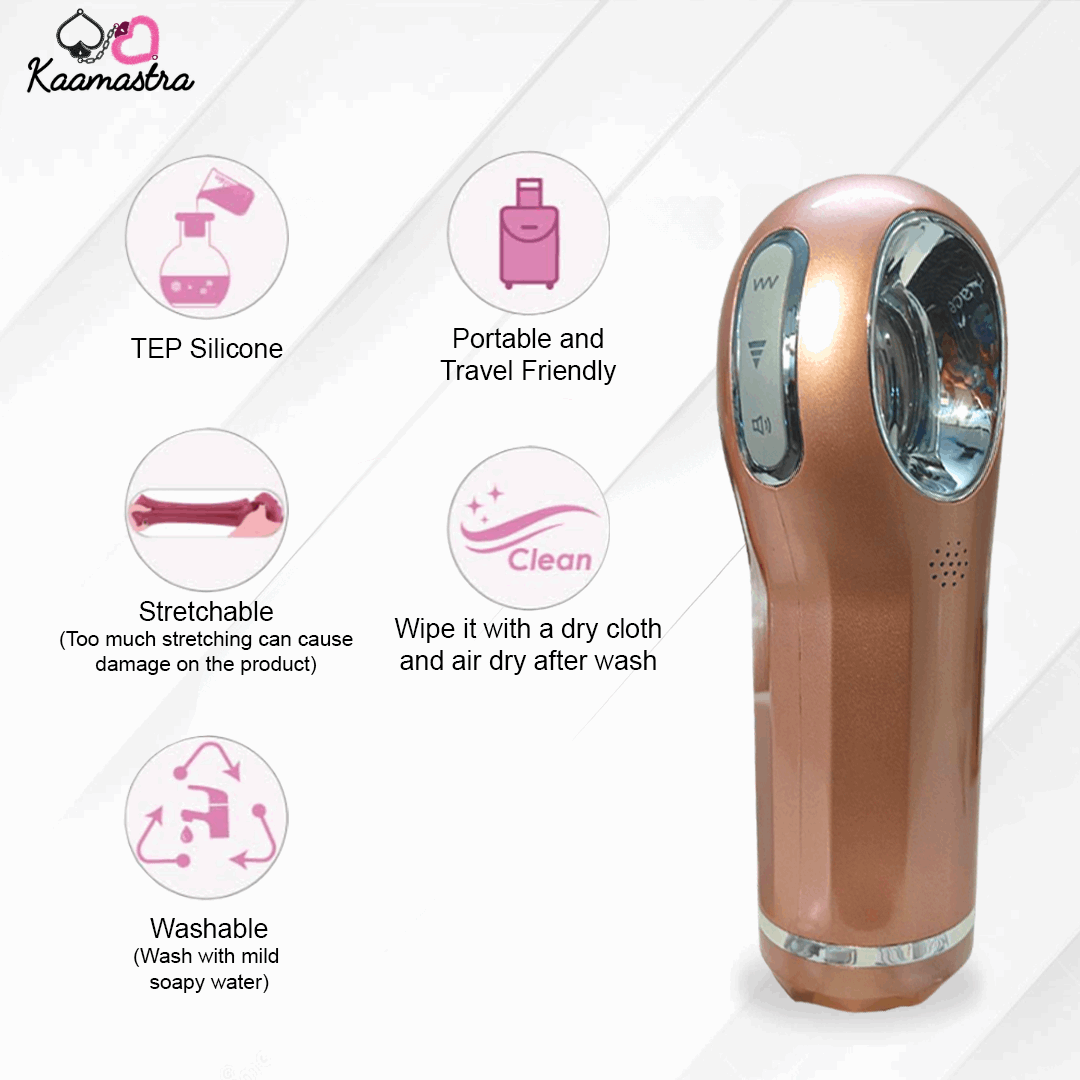 Rose gold device with features listed on a white background