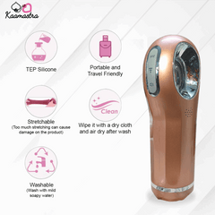 Rose gold device with features listed on a white background