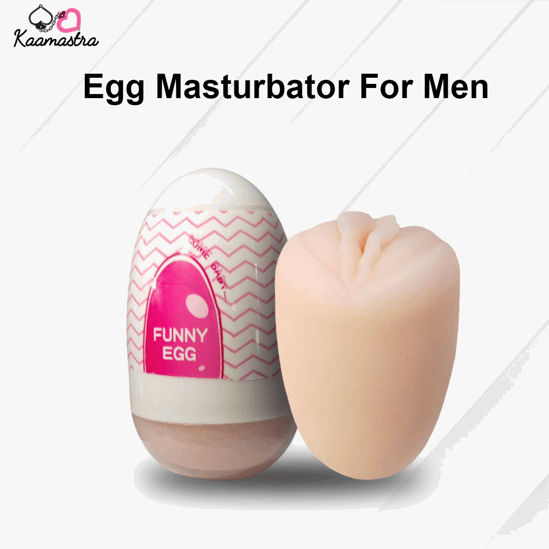Egg-shaped masturbator with 'Funny Egg' branding on a white background
