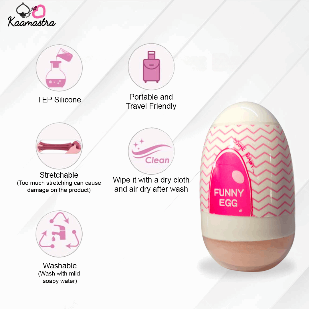 Pink and beige 'Funny Egg' product with features listed on a white background