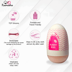 Pink and beige 'Funny Egg' product with features listed on a white background