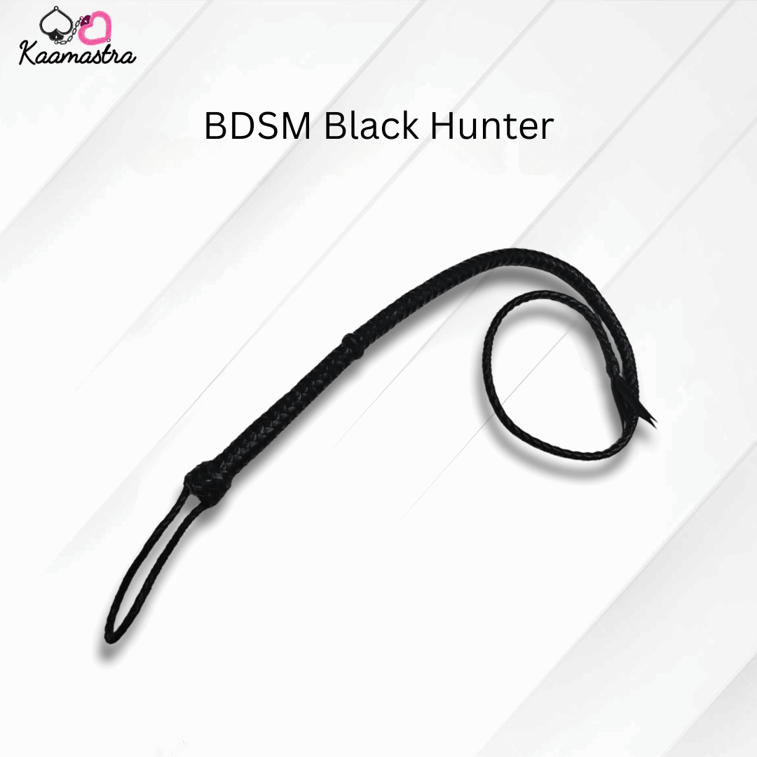 Black leather whip labeled 'BDSM Black Hunter' on a white background with 'Kaamastra' branding.