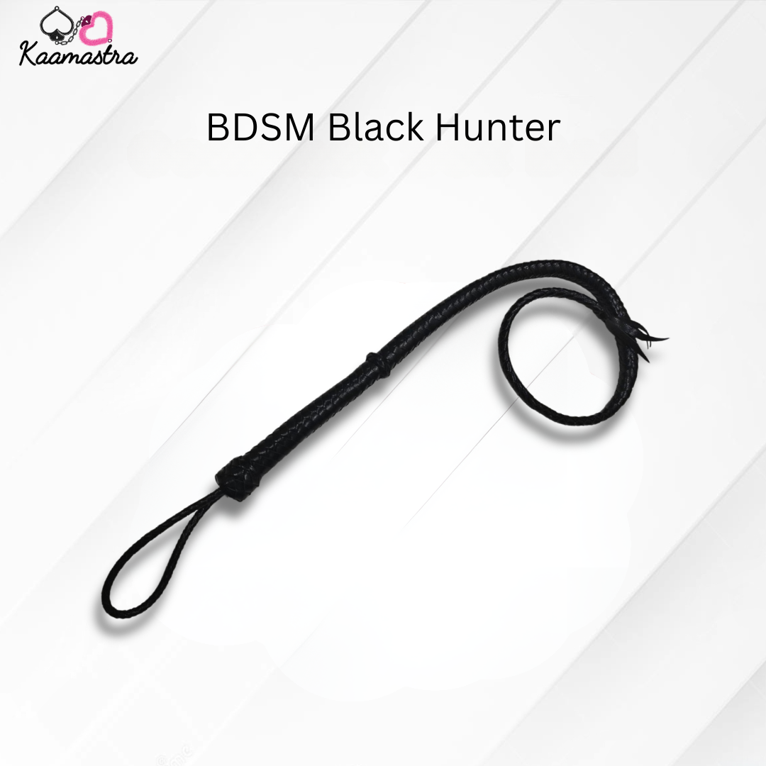 Black leather whip labeled 'BDSM Black Hunter' on a white background with 'Kaamastra' branding.