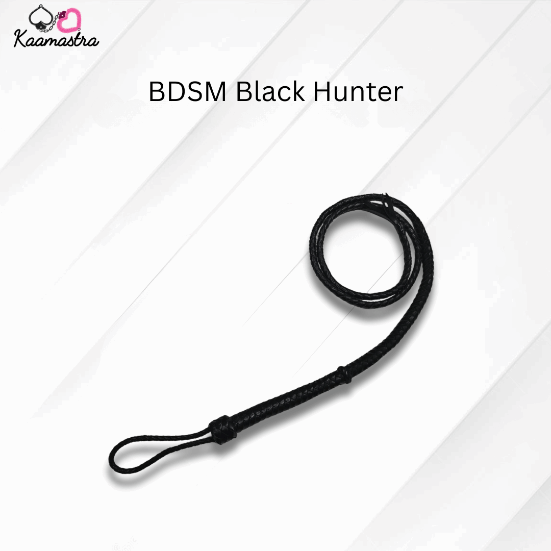 Black leash labeled 'BDSM Black Hunter' on a white background with 'Kaamastra' branding.