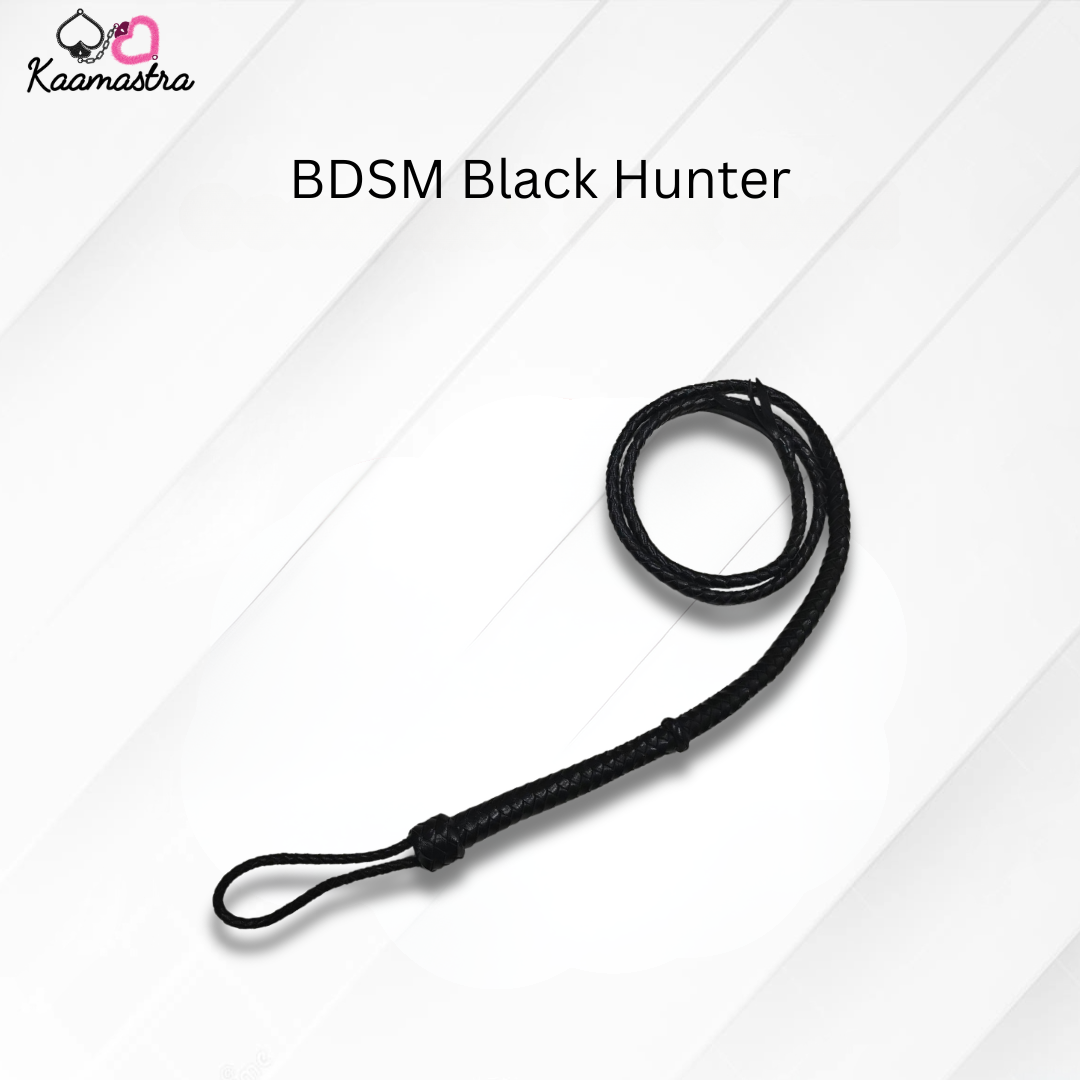 Black leash labeled 'BDSM Black Hunter' on a white background with 'Kaamastra' branding.
