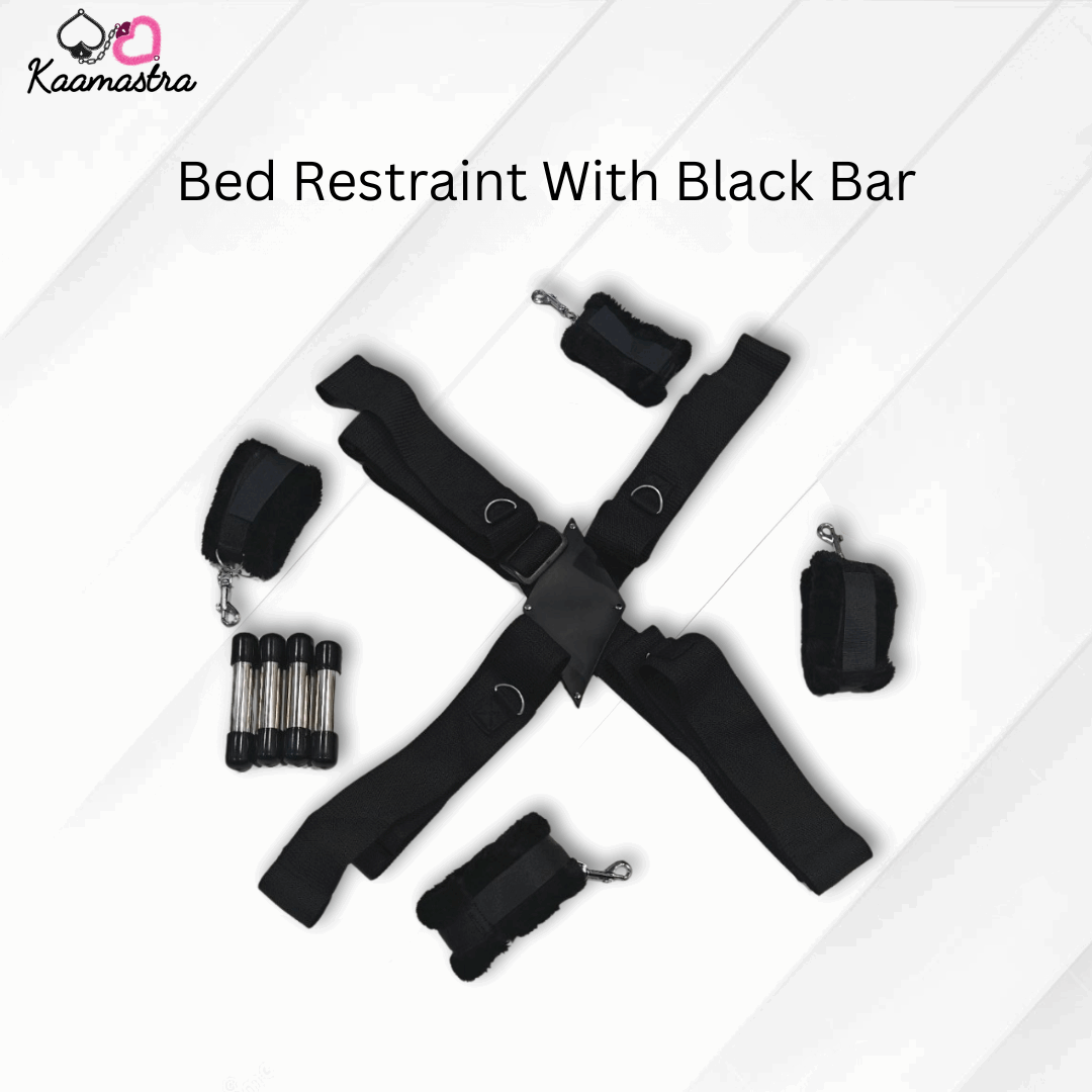 Black bed restraint set with black bar on a white background, branded 'Kaamastra'.