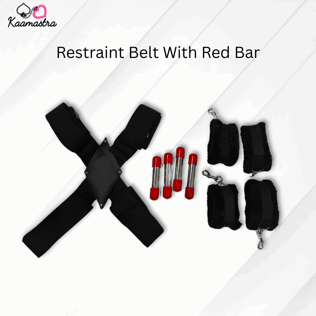 Black restraint belt with red bar and attachments on a white background