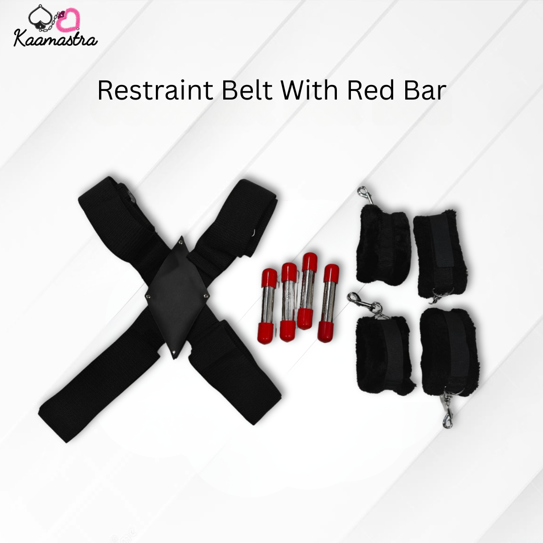 Black restraint belt with red bar and attachments on a white background