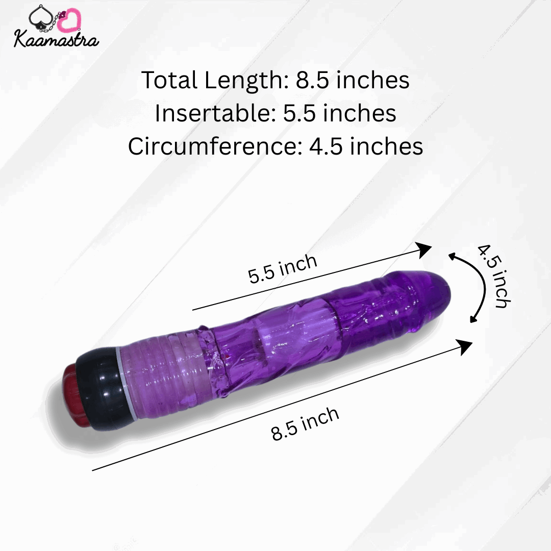 Purple cylindrical product with measurements on a white background, branded 'Kaamastra'.