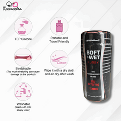 Product packaging with features listed on a white background