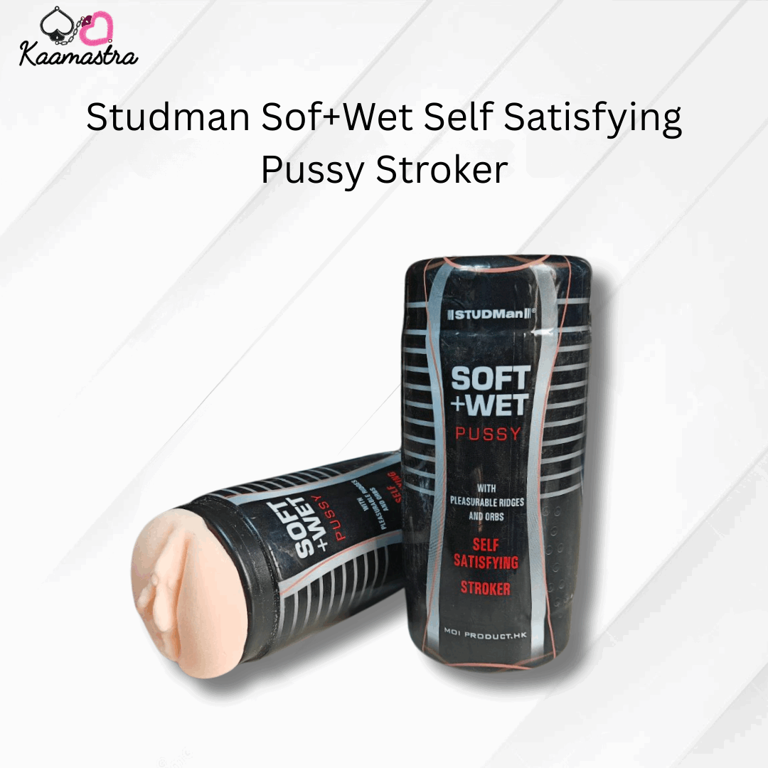 Studman Sof+Wet Self Satisfying Pussy Stroker packaging on a white background
