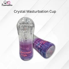 Crystal masturbation cup with purple packaging on a white background