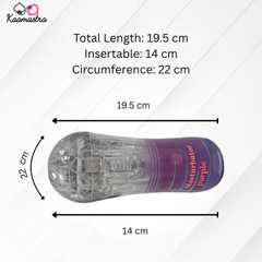 Measurement chart for a clear and purple object with dimensions labeled.