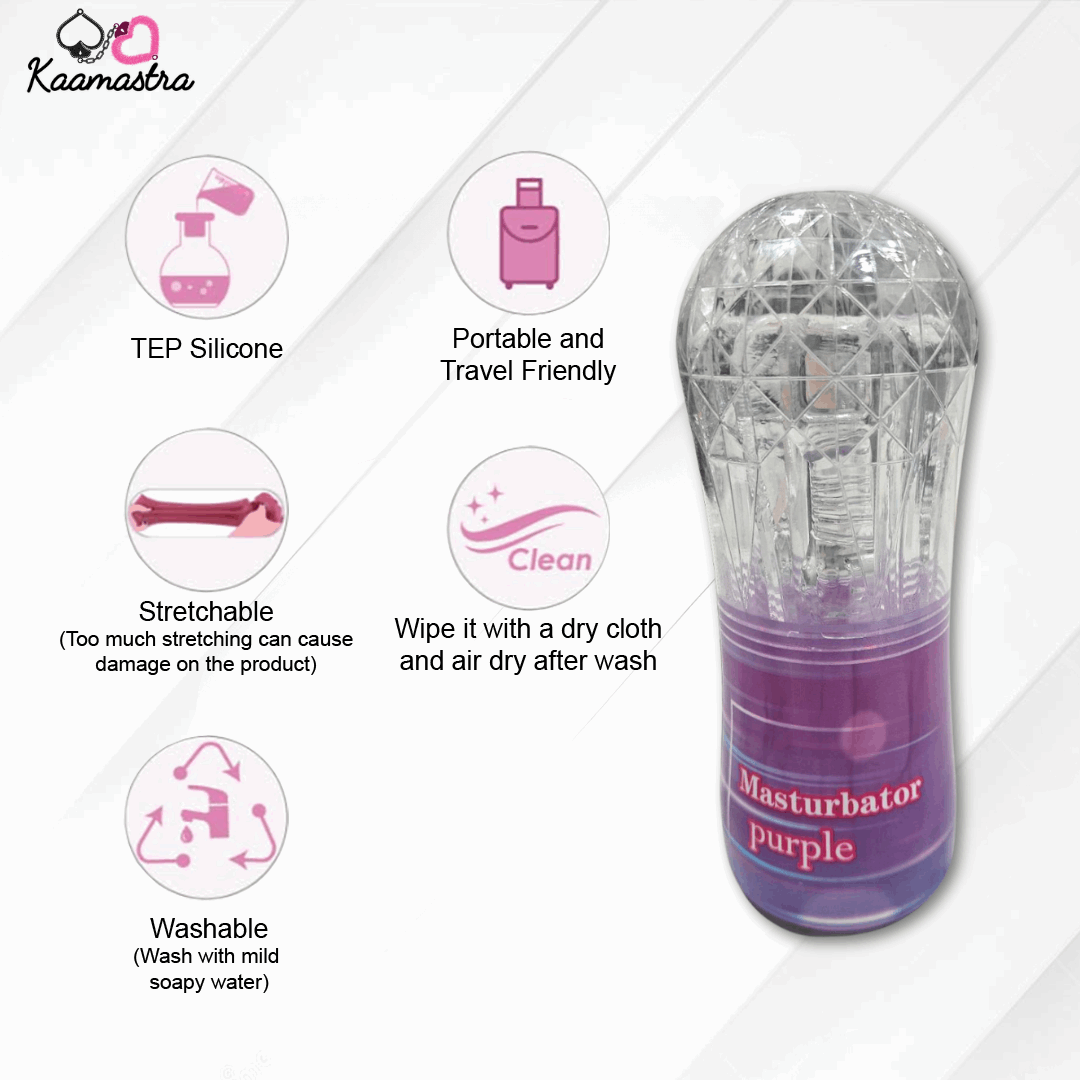 Purple masturbator with features listed on a white background