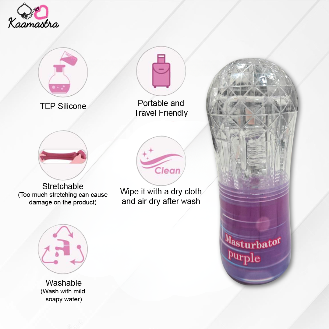 Purple masturbator with features listed on a white background