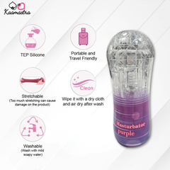 Purple masturbator with features listed on a white background
