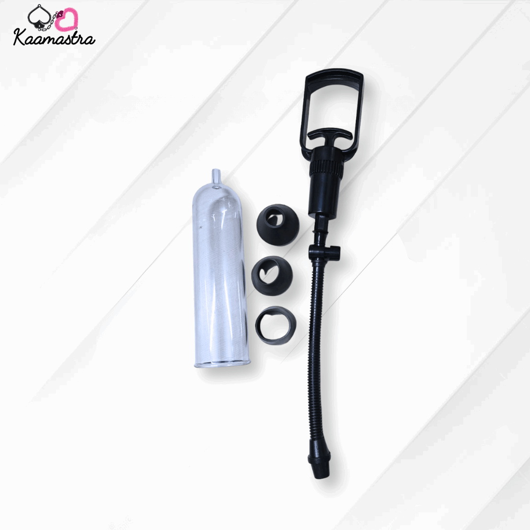 Pump kit with black pump, white container, and various parts on a white background