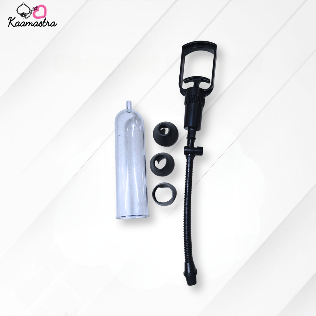 Pump kit with black pump, white container, and various parts on a white background