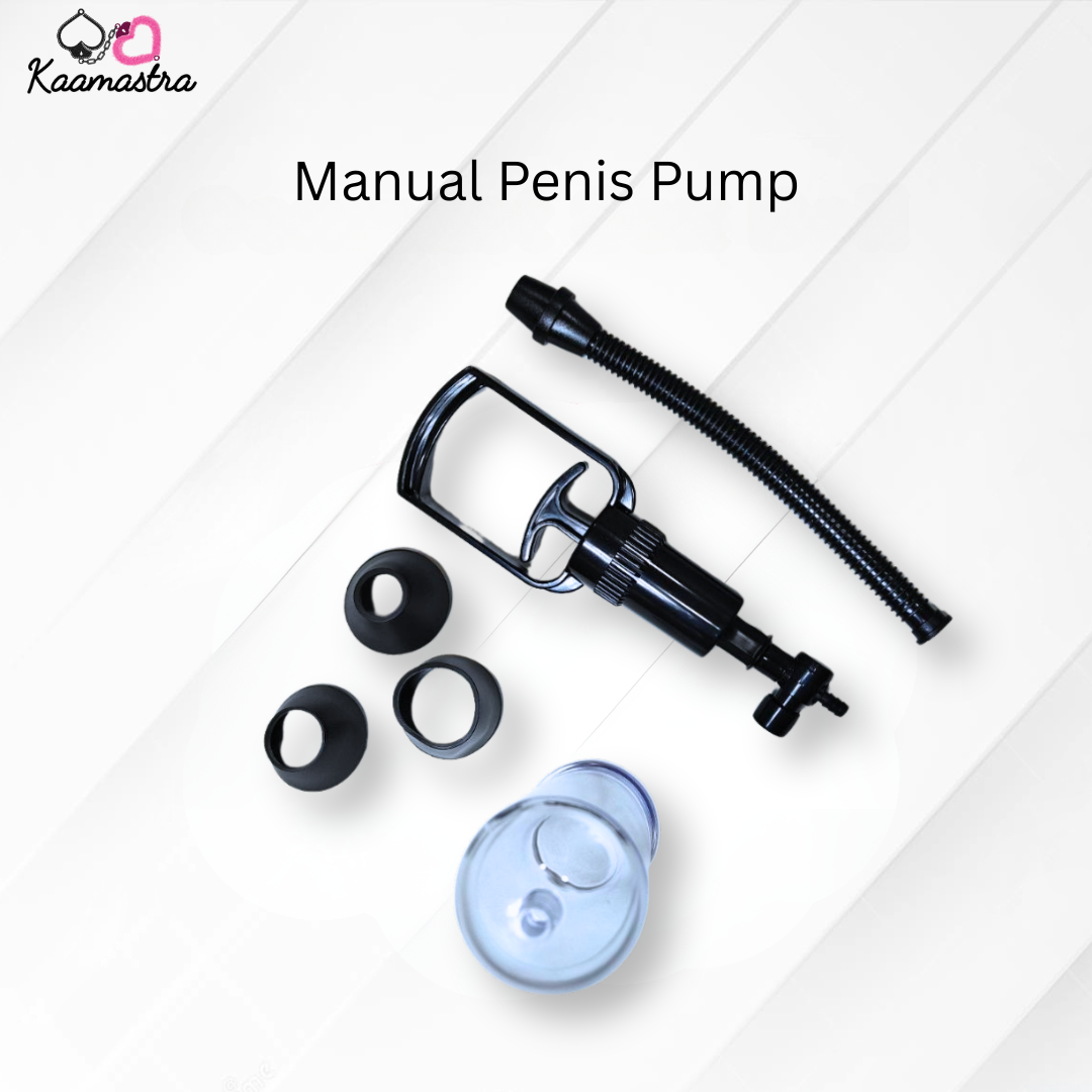 Manual penis pump with accessories on a white background, branded 'Kaamastra'.
