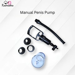 Manual penis pump with accessories on a white background, branded 'Kaamastra'.