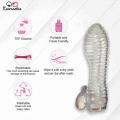 Clear silicone product with Kaamastra branding and usage instructions on a white background