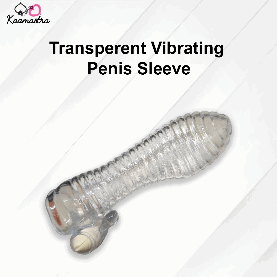 Transparent vibrating penis sleeve on a white background with 'Kaamastra' branding.