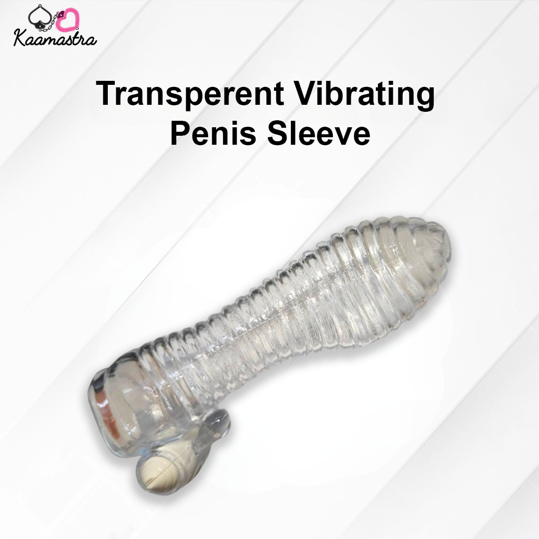 Transparent vibrating penis sleeve on a white background with 'Kaamastra' branding.