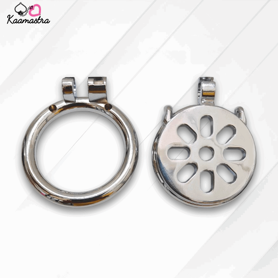 Two silver metal diffusers with one having a floral design on a white background.