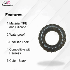 Penis ring features - waterproof TPE silicone, harness compatible, realistic look