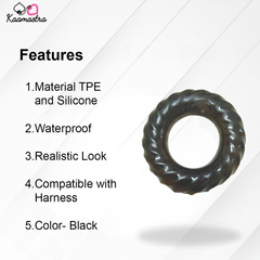 Penis ring features - waterproof TPE silicone, harness compatible, realistic look
