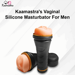 Silicone masturbator with pink silicone tip and black body on a white background, branded as Kaamastra.