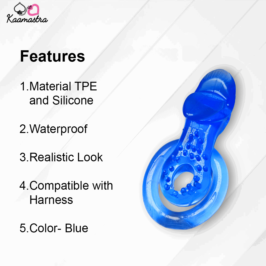 Blue silicone product with features listed on a white background